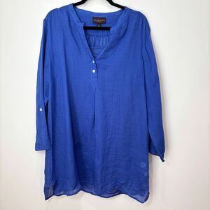 Dana Buchman 100% Ramie Tunic Henley Shirt Women XL Blue Lagenlook Relaxed Airy